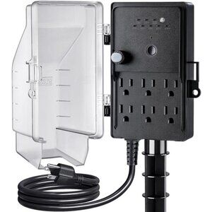 Outdoor Power Stake Light Timer, Dusk to Dawn, 6 Electrical Outlet Power Strip